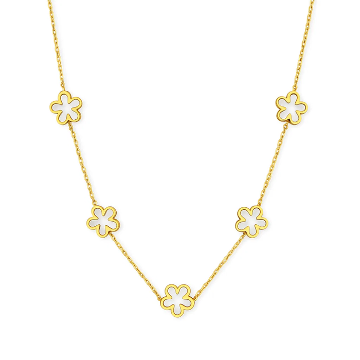 Gold-tone necklace with five small flower charms on a fine chain, front view