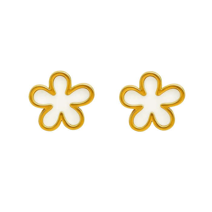 Pair of gold flower stud earrings with white enamel centers