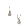 A pair of small dew drop earrings with mother of pearl design, suspended from silver hooks.
