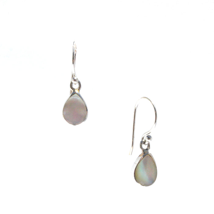 A pair of small dew drop earrings with mother of pearl design, suspended from silver hooks.