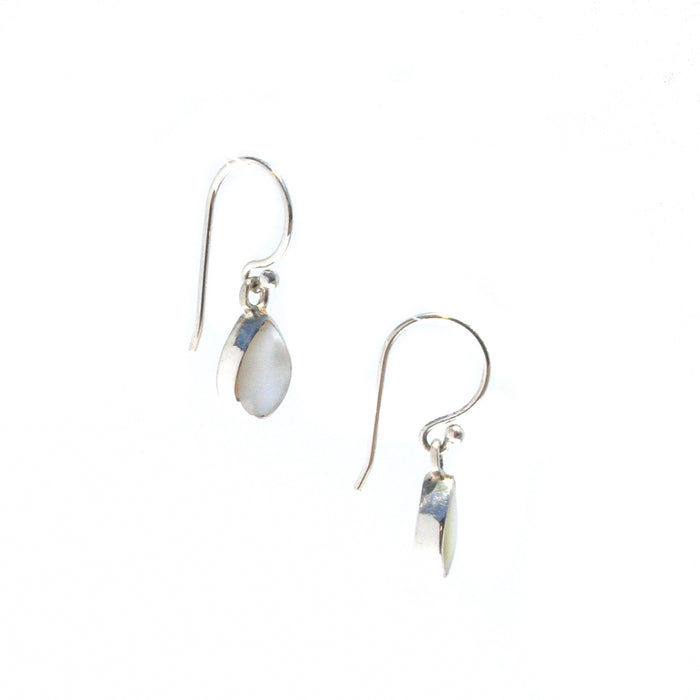 Small dew drop shaped mother of pearl suspended from silver hook earrings