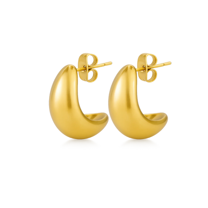 Gold dome huggie teardrop hoop earrings, front view