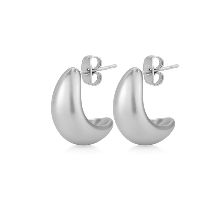 Silver dome huggie teardrop hoop earrings, front view