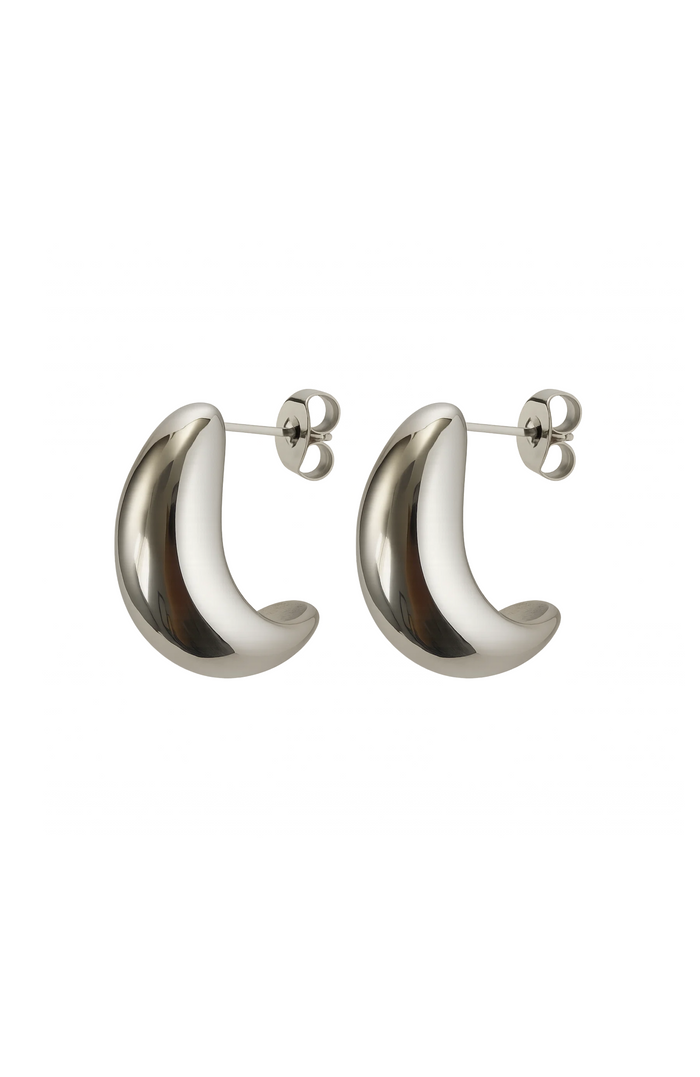Silver dome huggie teardrop hoop earrings with clasp posts