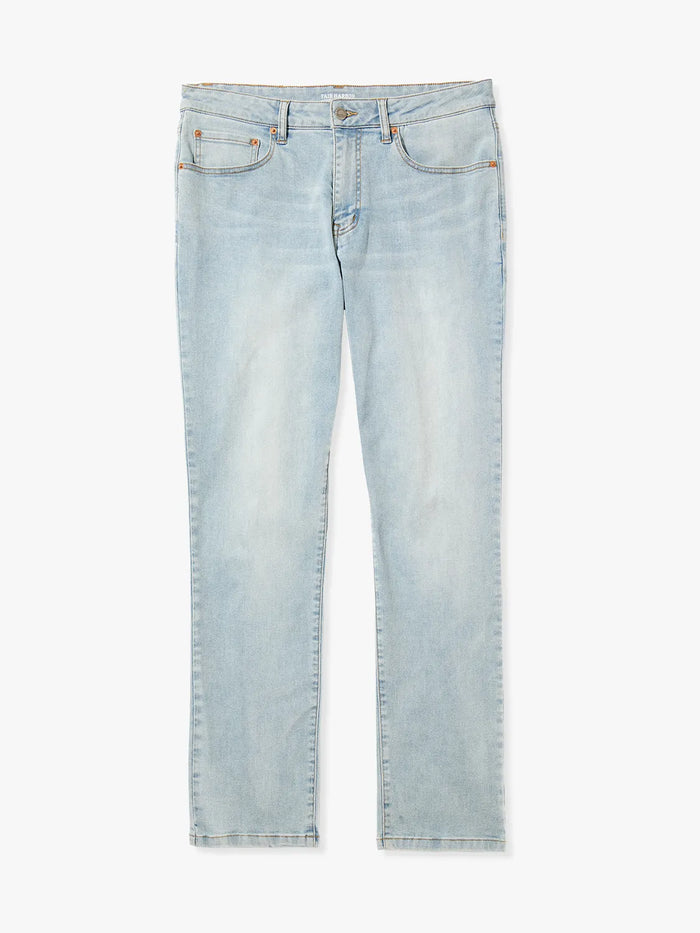 Light wash straight fit denim pants with a 5-pocket silhouette on a white background.