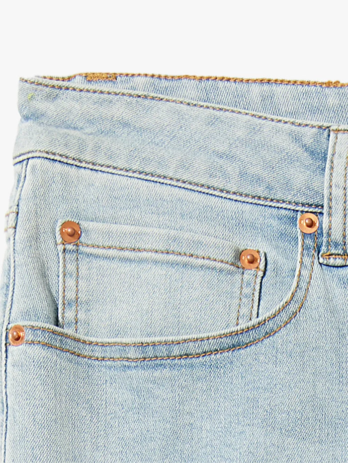 Detail image of the waist band and pocket design of pair of blue denim pants.