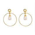 Gold-tone drop hoop earrings with simulated pearl teardrop charms