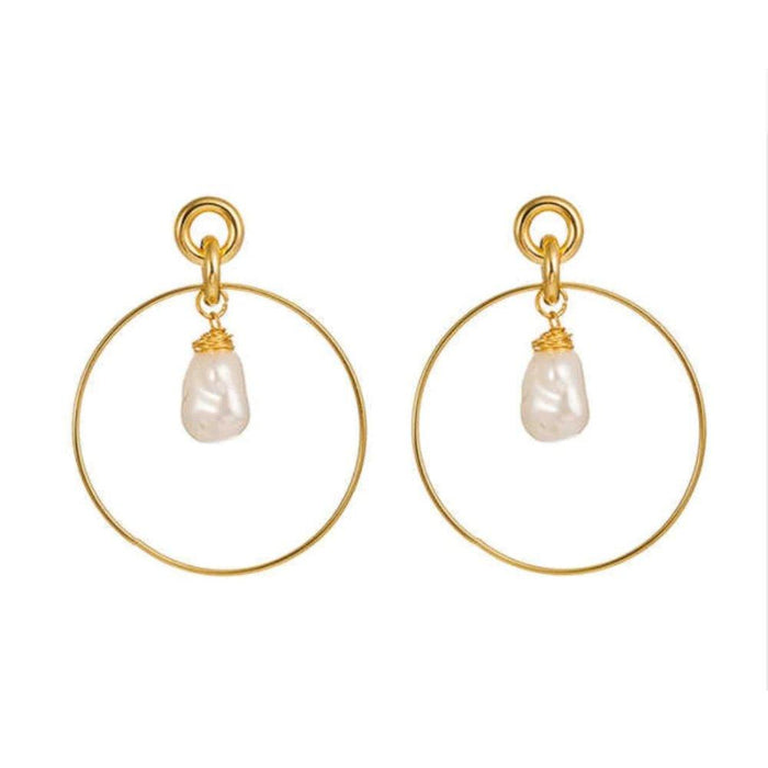 Gold-tone drop hoop earrings with simulated pearl teardrop charms