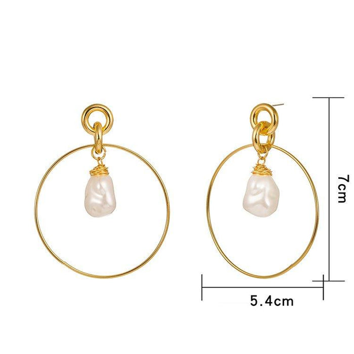 Gold-tone drop hoop earrings with simulated pearl teardrop charms, shown as a pair