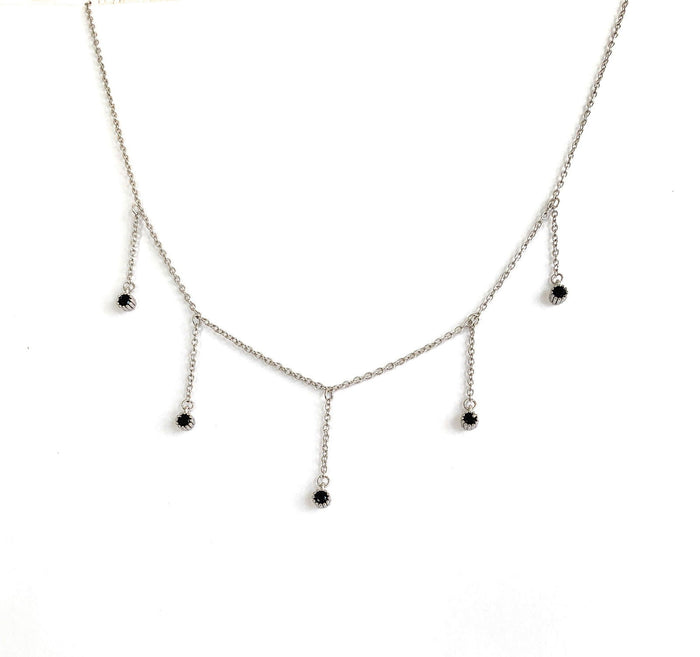 Silver drop necklace with five black cubic zirconia dangle stones