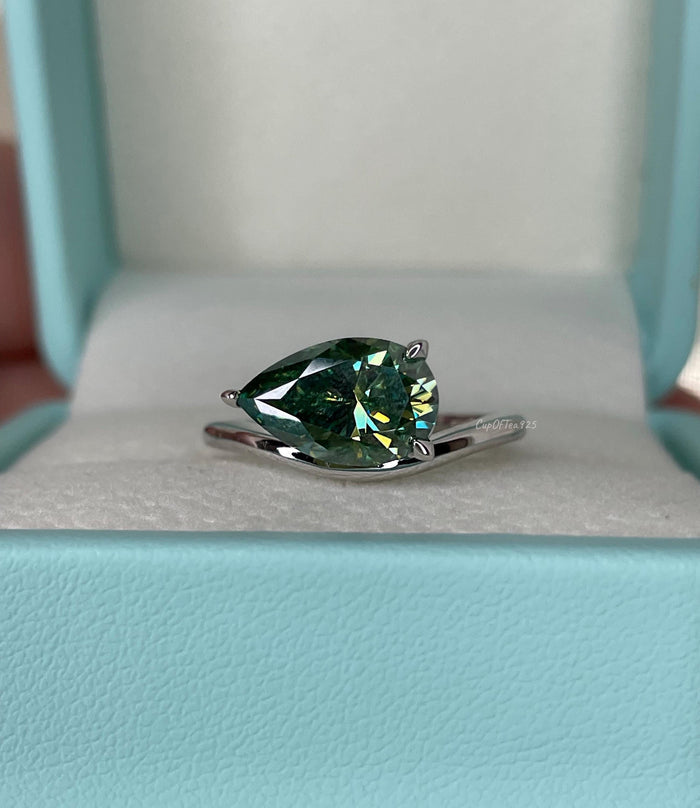 East West Pear Cut Green Moissanite Sterling Silver Engagement Ring, green stone ring, May birthstone ring, gift for her