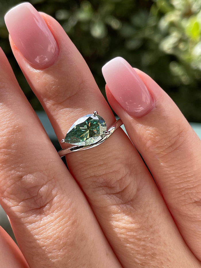 East West Pear Cut Green Moissanite Sterling Silver Engagement Ring, green stone ring, May birthstone ring, gift for her