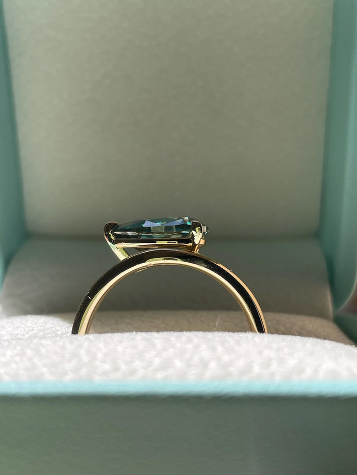 East West Pear Cut Green Moissanite Sterling Silver Engagement Ring, green stone ring, May birthstone ring, gift for her