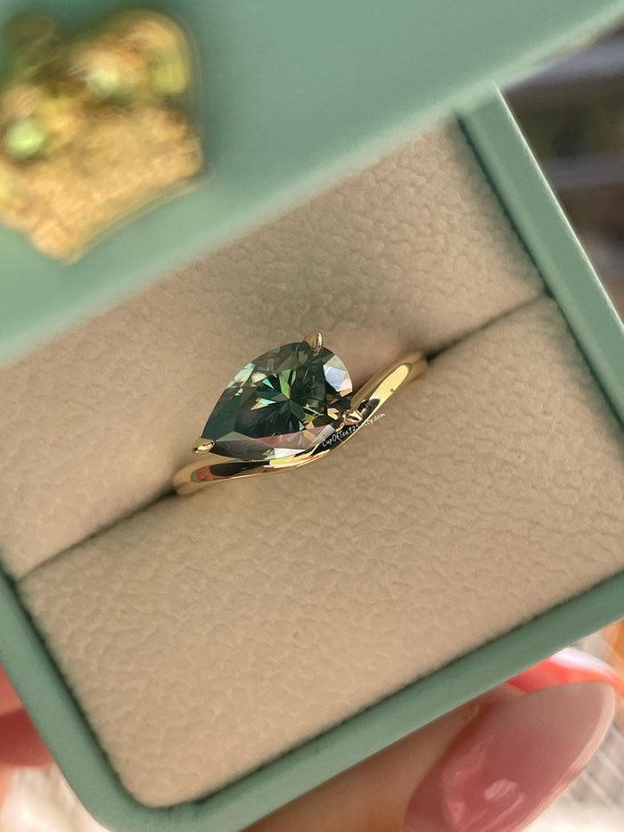 East West Pear Cut Green Moissanite Sterling Silver Engagement Ring, green stone ring, May birthstone ring, gift for her