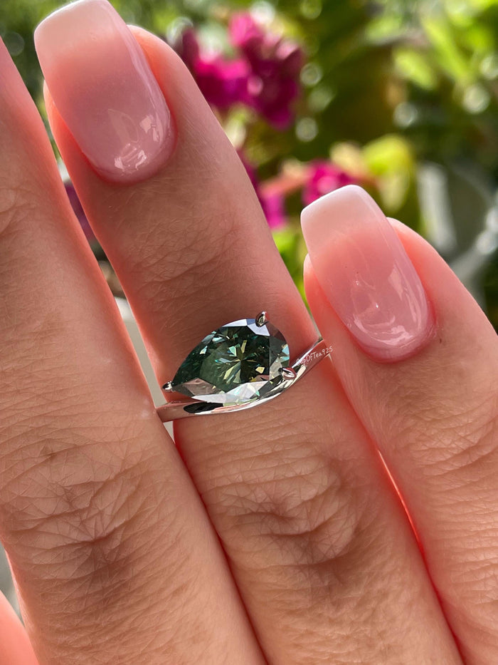 East West Pear Cut Green Moissanite Sterling Silver Engagement Ring, green stone ring, May birthstone ring, gift for her