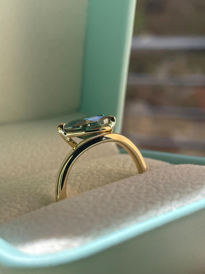 East West Pear Cut Green Moissanite Sterling Silver Engagement Ring, green stone ring, May birthstone ring, gift for her