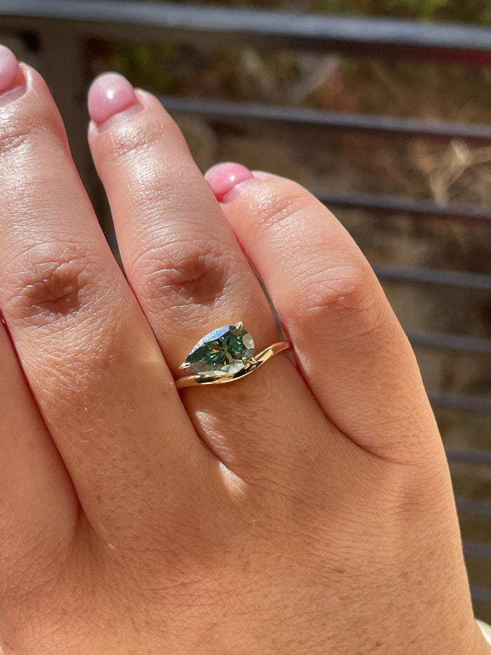 East West Pear Cut Green Moissanite Sterling Silver Engagement Ring, green stone ring, May birthstone ring, gift for her