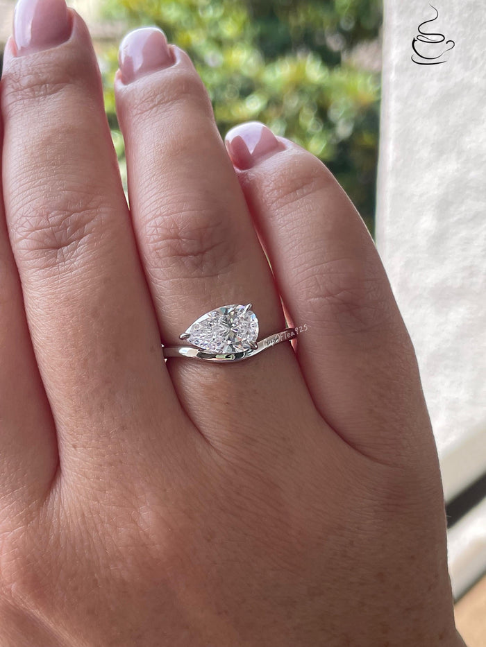 East-West Pear Cut Sterling Silver Engagement Ring - Yellow Gold Vermeil pear shaped ring, friendship ring, pinky ring