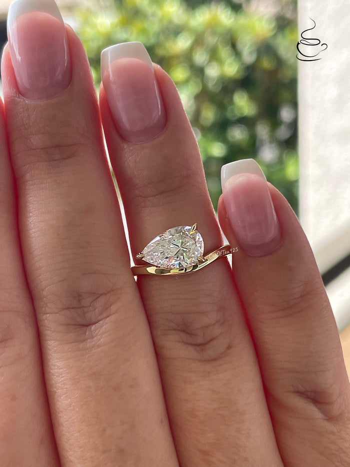 East-West Pear Cut Sterling Silver Engagement Ring - Yellow Gold Vermeil pear shaped ring, friendship ring, pinky ring