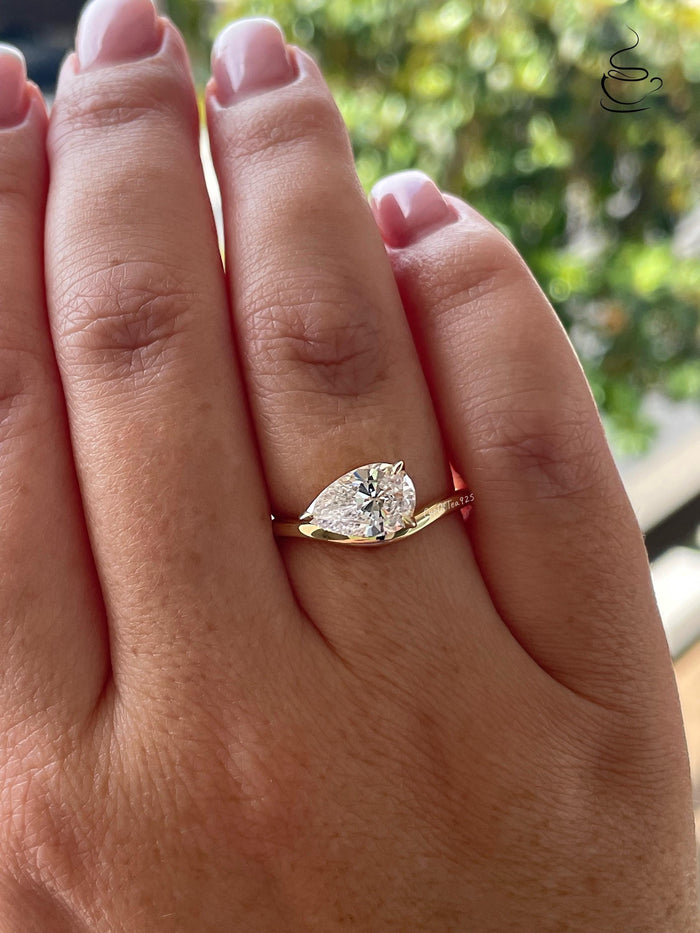East-West Pear Cut Sterling Silver Engagement Ring - Yellow Gold Vermeil pear shaped ring, friendship ring, pinky ring