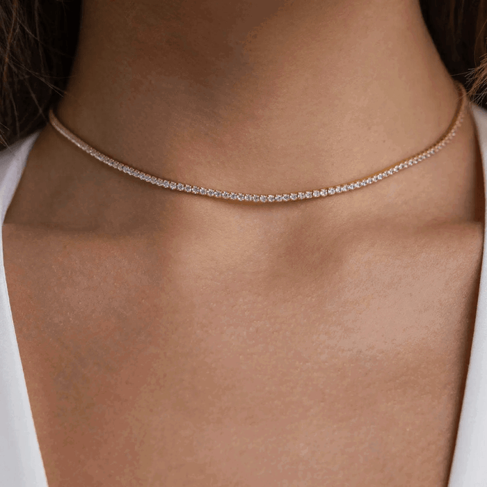 Silver cubic zirconia choker necklace with an even row of small round stones