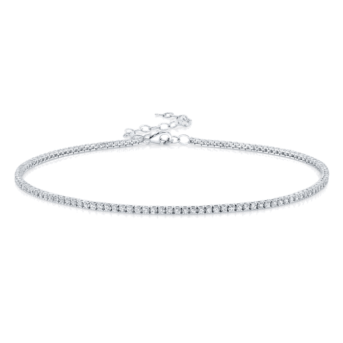 Silver cubic zirconia tennis choker necklace with clasp at back and continuous stone row