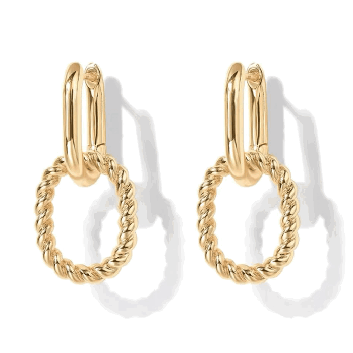 Gold link drop earrings with circular rope-texture ring and hinged top hoops.