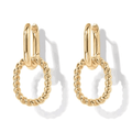 Gold link drop earrings with circular rope-texture ring and hinged top hoops.