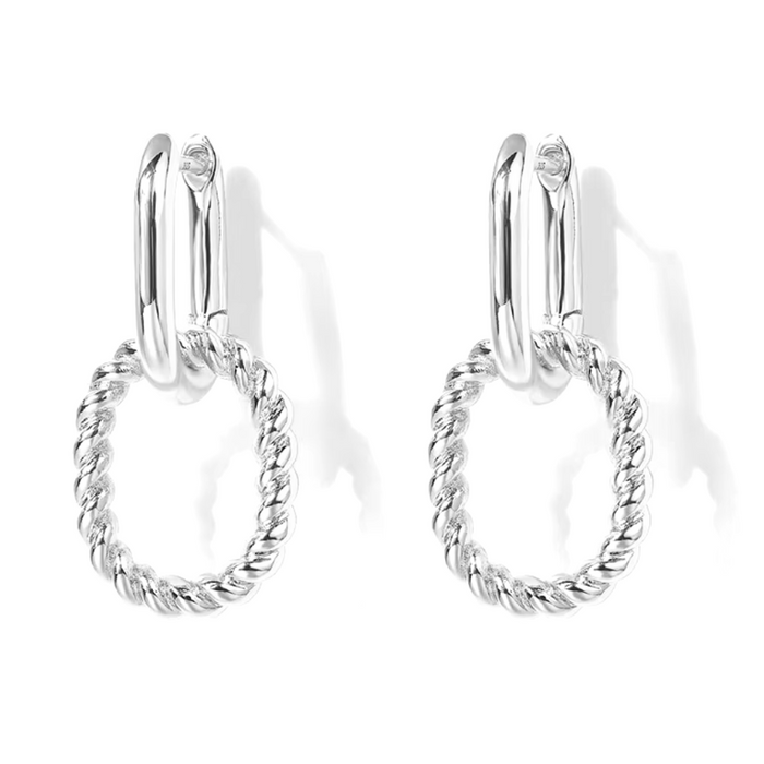 Silver link drop earrings with circular rope-texture ring and hinged top hoops.