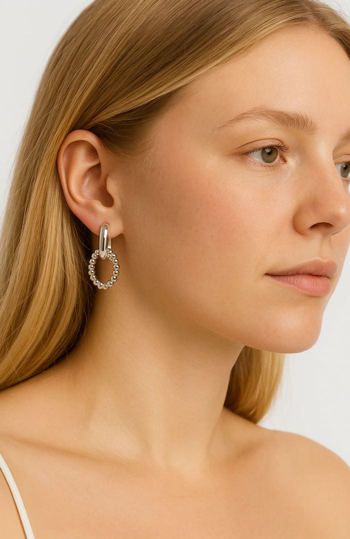 Silver link drop earring with beaded hoop