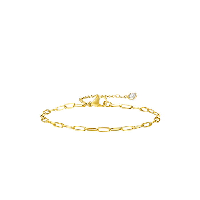 Gold paperclip link bracelet with round bezel-set stone and clasp closure