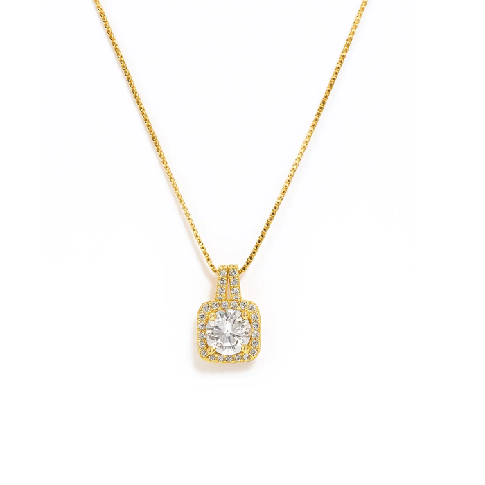 Gold halo pendant necklace with square frame and round center stone