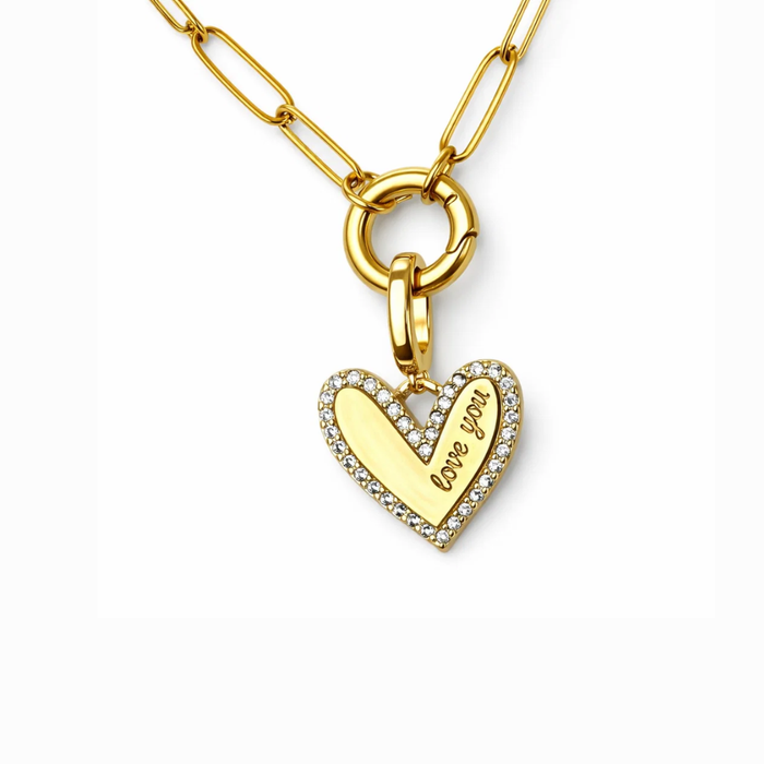 Gold heart pendant necklace with pavé crystals and "love you" engraving