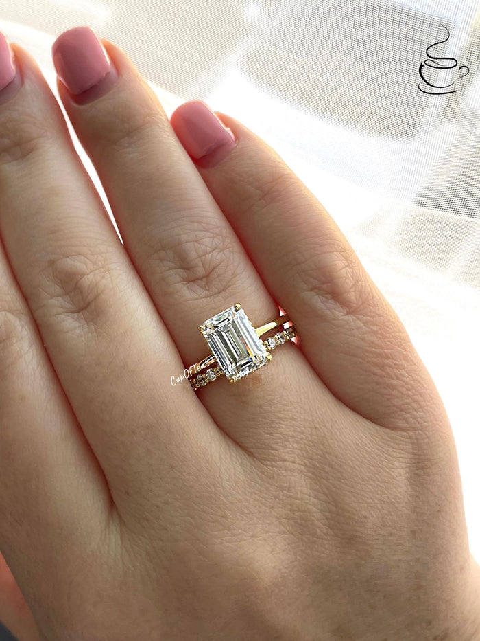 Emerald Cut 3CT Solitaire Bridal Set with hidden halo, Yellow Gold vermeil engagement ring set, Sterling Silver 925 bridal set