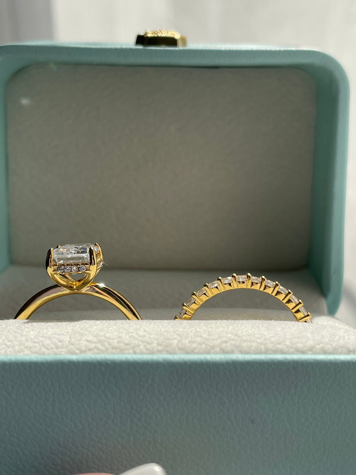 Emerald Cut 3CT Solitaire Bridal Set with hidden halo, Yellow Gold vermeil engagement ring set, Sterling Silver 925 bridal set