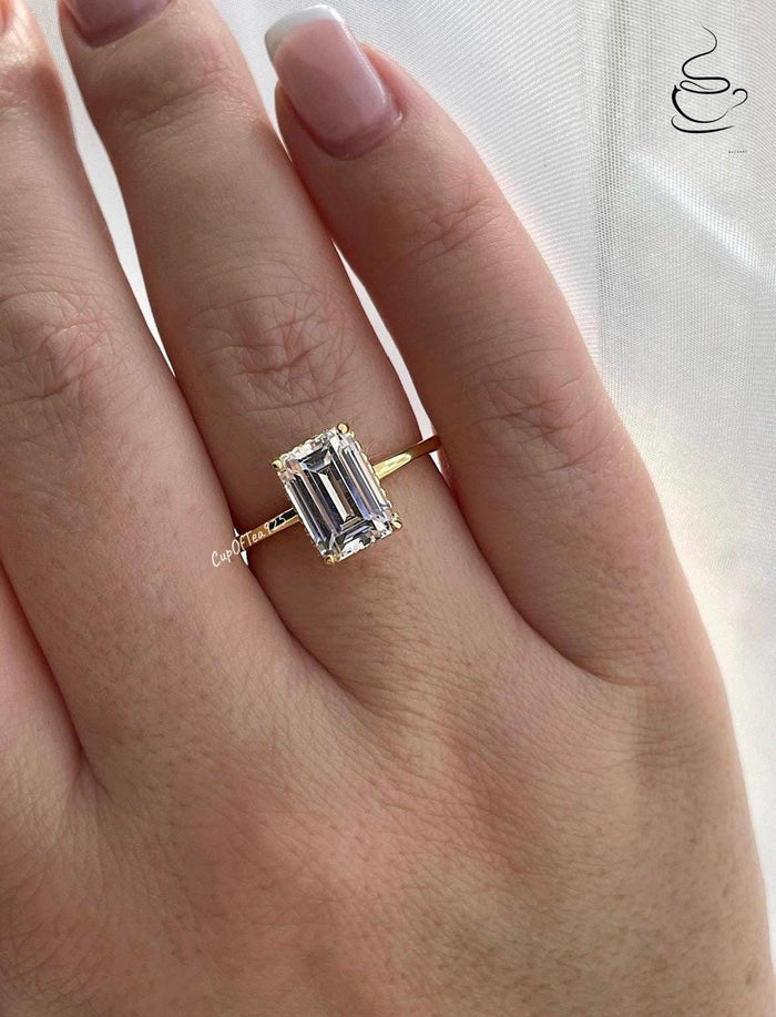 Emerald Cut 3CT Solitaire Bridal Set with hidden halo, Yellow Gold vermeil engagement ring set, Sterling Silver 925 bridal set