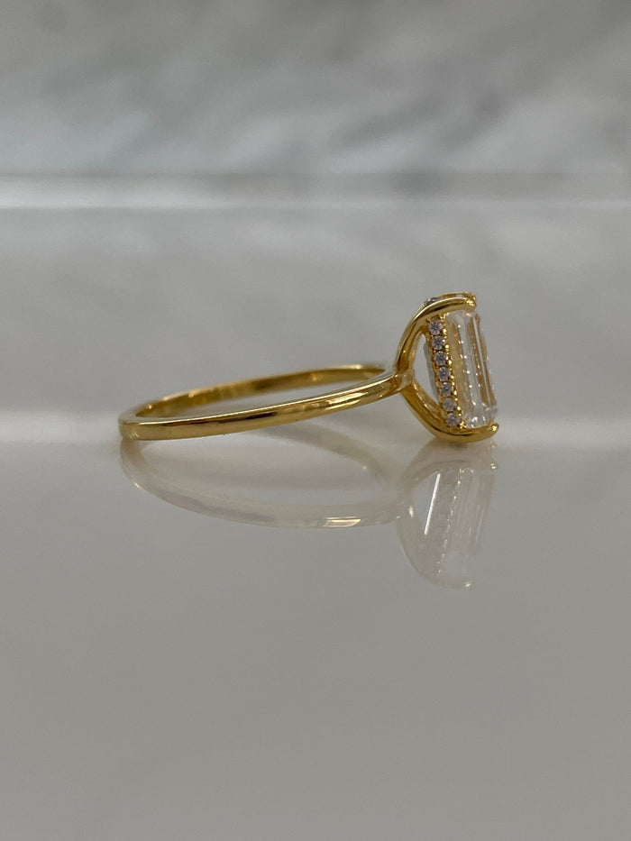 Emerald Cut 3CT Solitaire Bridal Set with hidden halo, Yellow Gold vermeil engagement ring set, Sterling Silver 925 bridal set