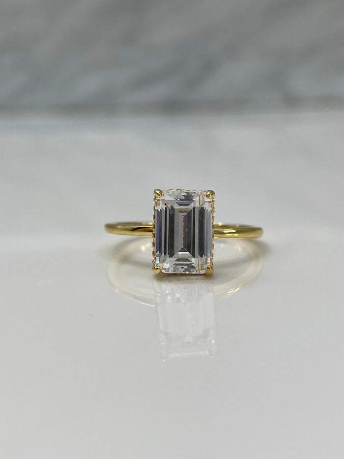 Emerald Cut 3CT Solitaire Bridal Set with hidden halo, Yellow Gold vermeil engagement ring set, Sterling Silver 925 bridal set