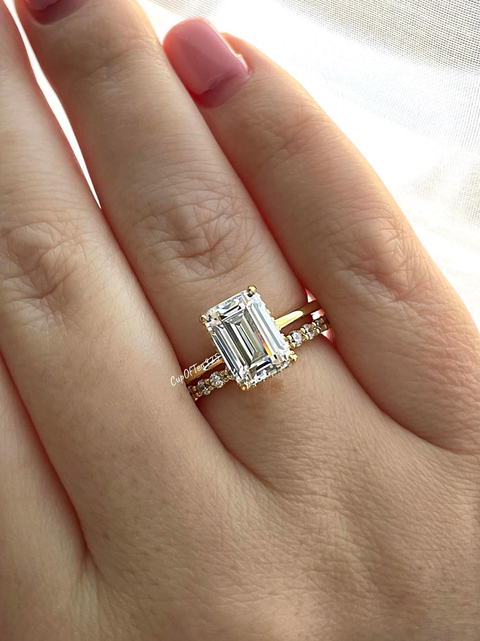 Emerald Cut 3CT Solitaire Bridal Set with hidden halo, Yellow Gold vermeil engagement ring set, Sterling Silver 925 bridal set