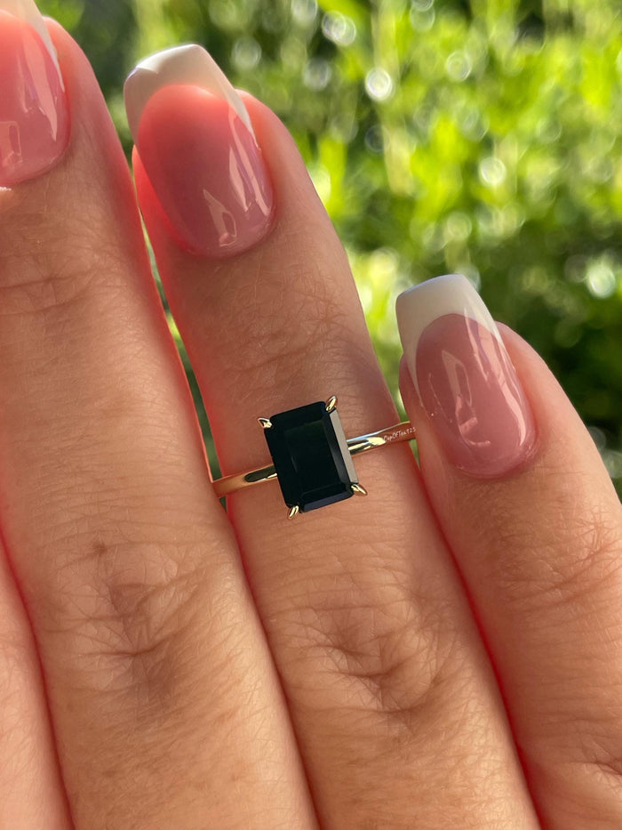 Emerald Cut Black Onyx Ring, Yellow Gold vermeil Ring with hidden halo, rose gold black onyx ring