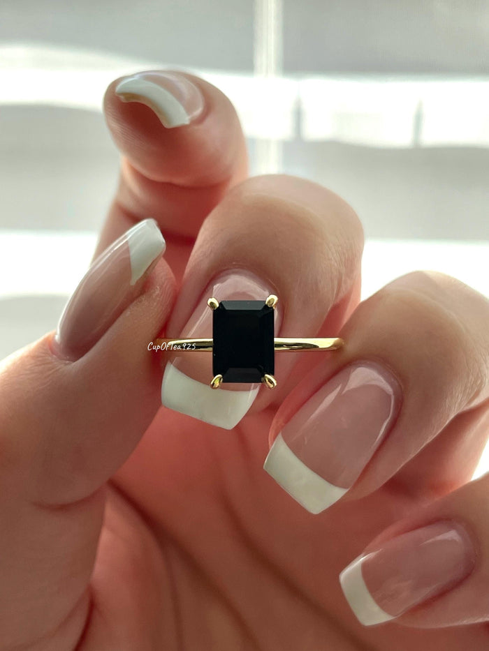 Emerald Cut Black Onyx Ring, Yellow Gold vermeil Ring with hidden halo, rose gold black onyx ring