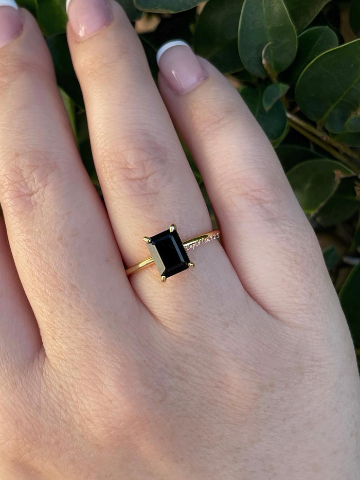Emerald Cut Black Onyx Ring, Yellow Gold vermeil Ring with hidden halo, rose gold black onyx ring
