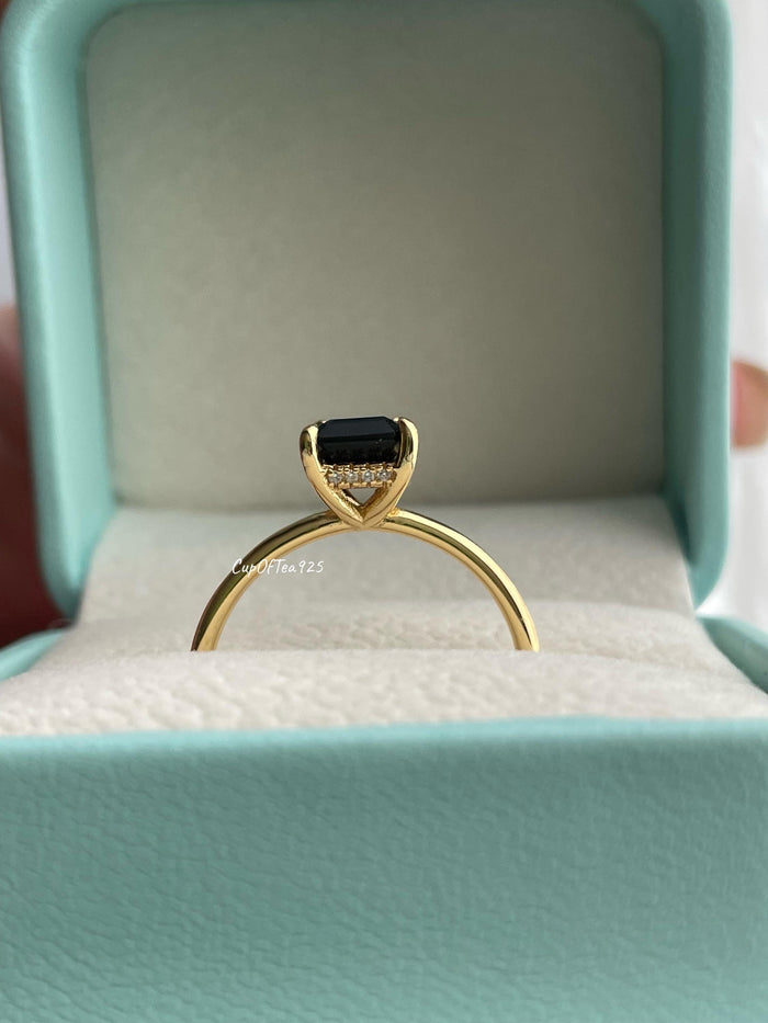 Emerald Cut Black Onyx Ring, Yellow Gold vermeil Ring with hidden halo, rose gold black onyx ring