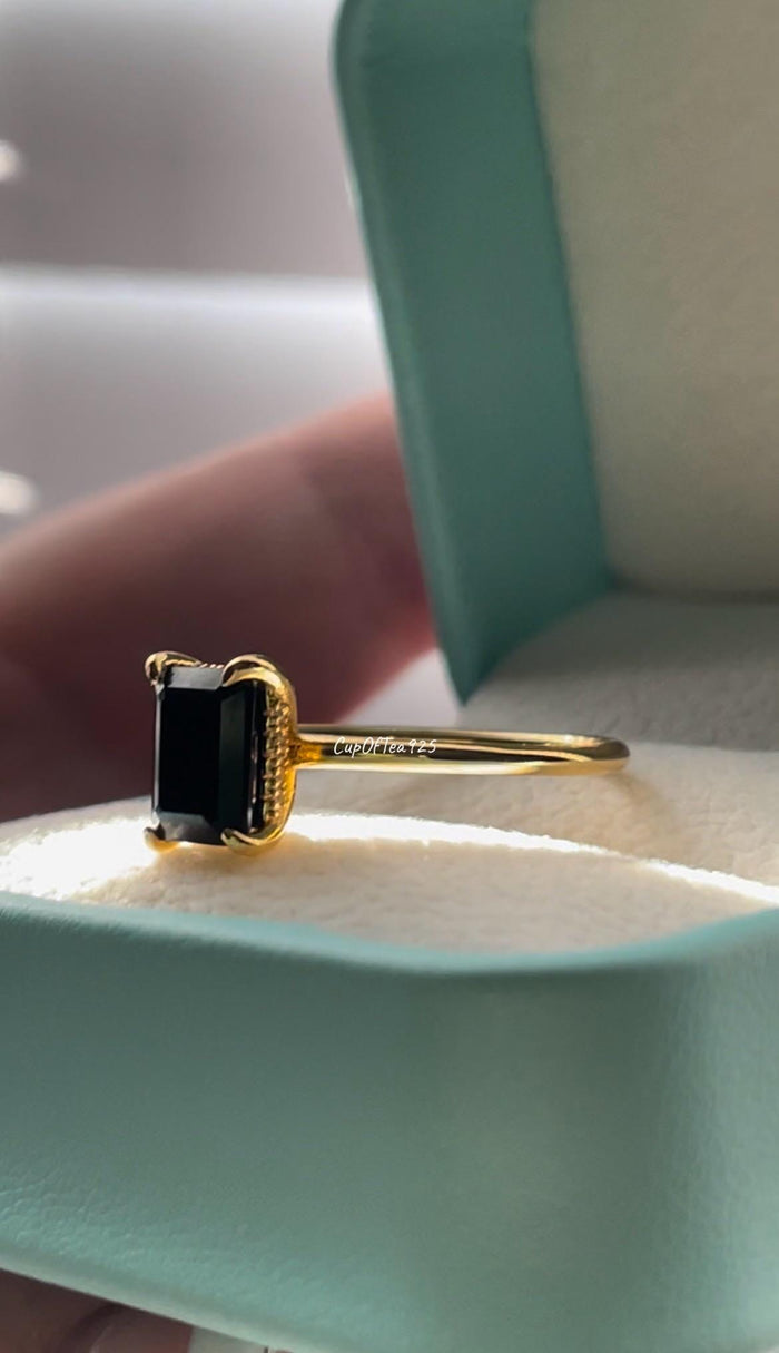 Emerald Cut Black Onyx Ring, Yellow Gold vermeil Ring with hidden halo, rose gold black onyx ring