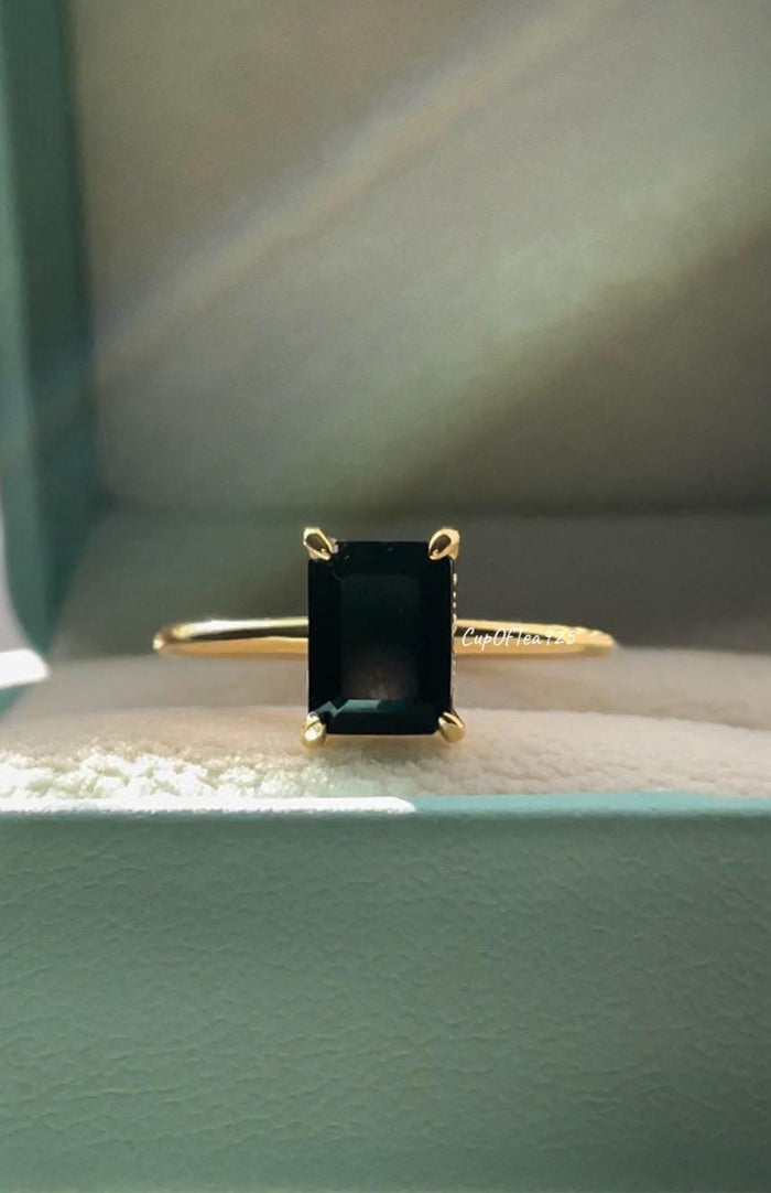 Emerald Cut Black Onyx Ring, Yellow Gold vermeil Ring with hidden halo, rose gold black onyx ring