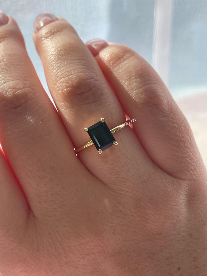 Emerald Cut Black Onyx Ring, Yellow Gold vermeil Ring with hidden halo, rose gold black onyx ring