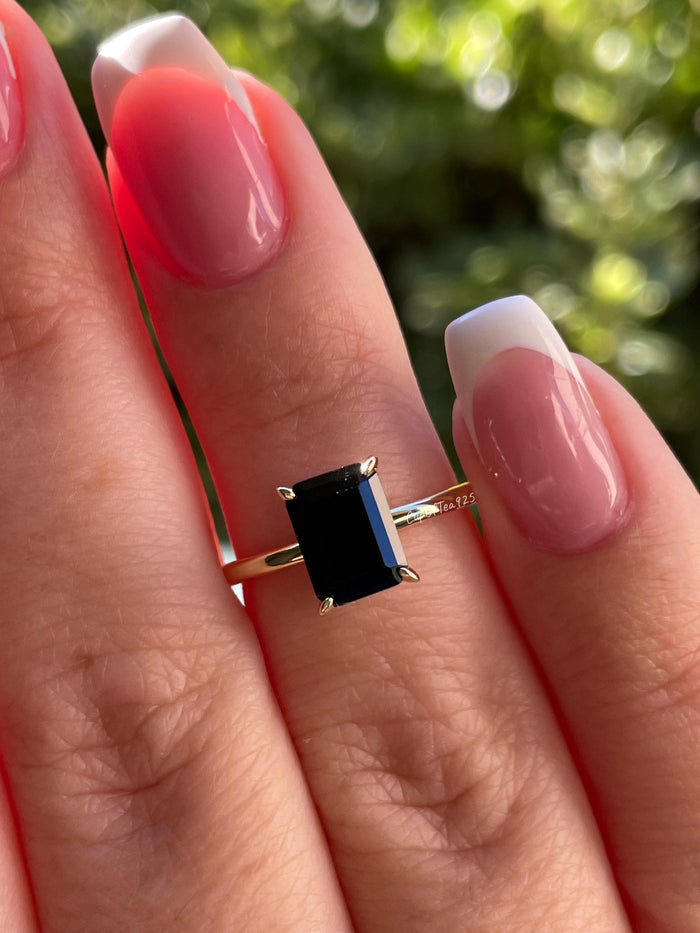 Emerald Cut Black Onyx Ring, Yellow Gold vermeil Ring with hidden halo, rose gold black onyx ring