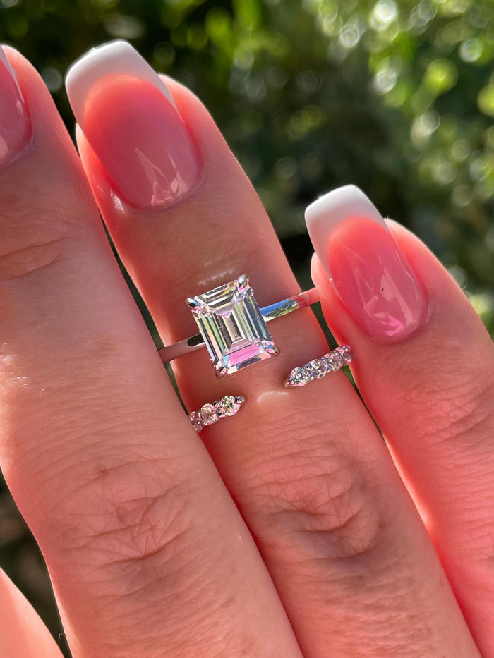 Emerald cut engagement ring set with simulated diamonds, hidden halo ring, silver 925 engagement ring, gold vermeil ring, proposal ring