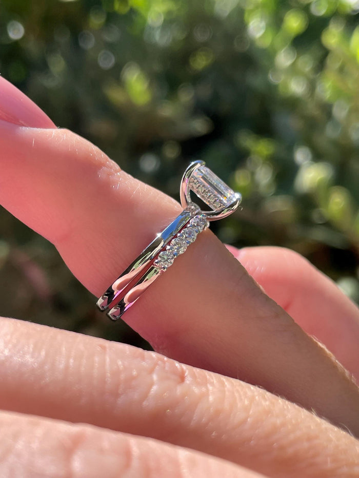 Emerald cut engagement ring set with simulated diamonds, hidden halo ring, silver 925 engagement ring, gold vermeil ring, proposal ring