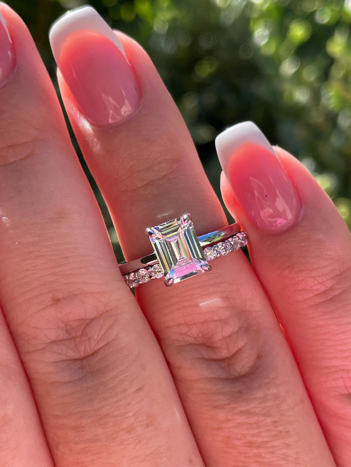 Emerald cut engagement ring set with simulated diamonds, hidden halo ring, silver 925 engagement ring, gold vermeil ring, proposal ring